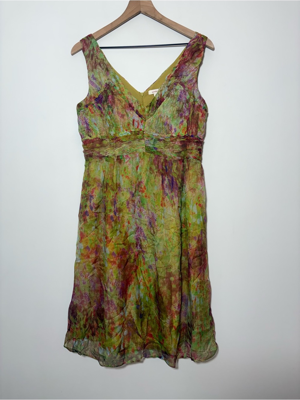 Sundance Green Watercolor Vibrant 100% Silk Fit Flare Midi Dress Size 8